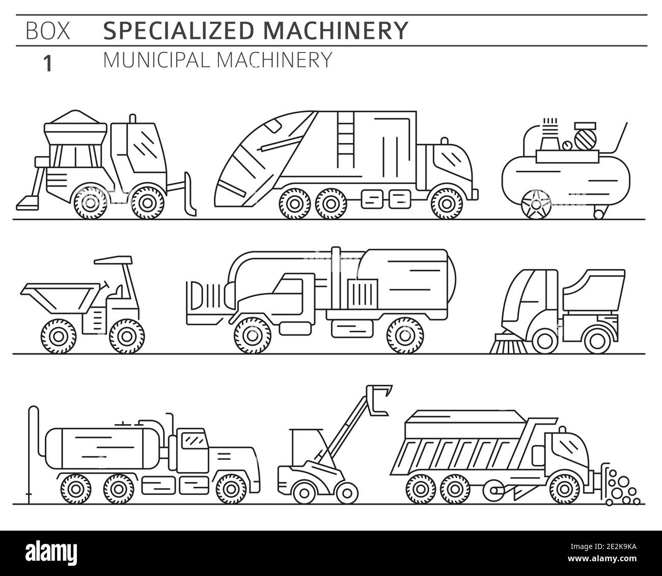 Special industrial road and municipal machine linear vector icon set ...