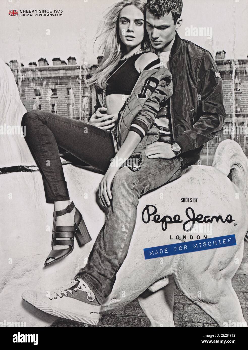 poster advertising Pepe Jeans denim, casual wear jeans brand with Cara  Delevingne, magazine from 2015, advertisement, creative Pepe Jeans 2010s  advert Stock Photo - Alamy