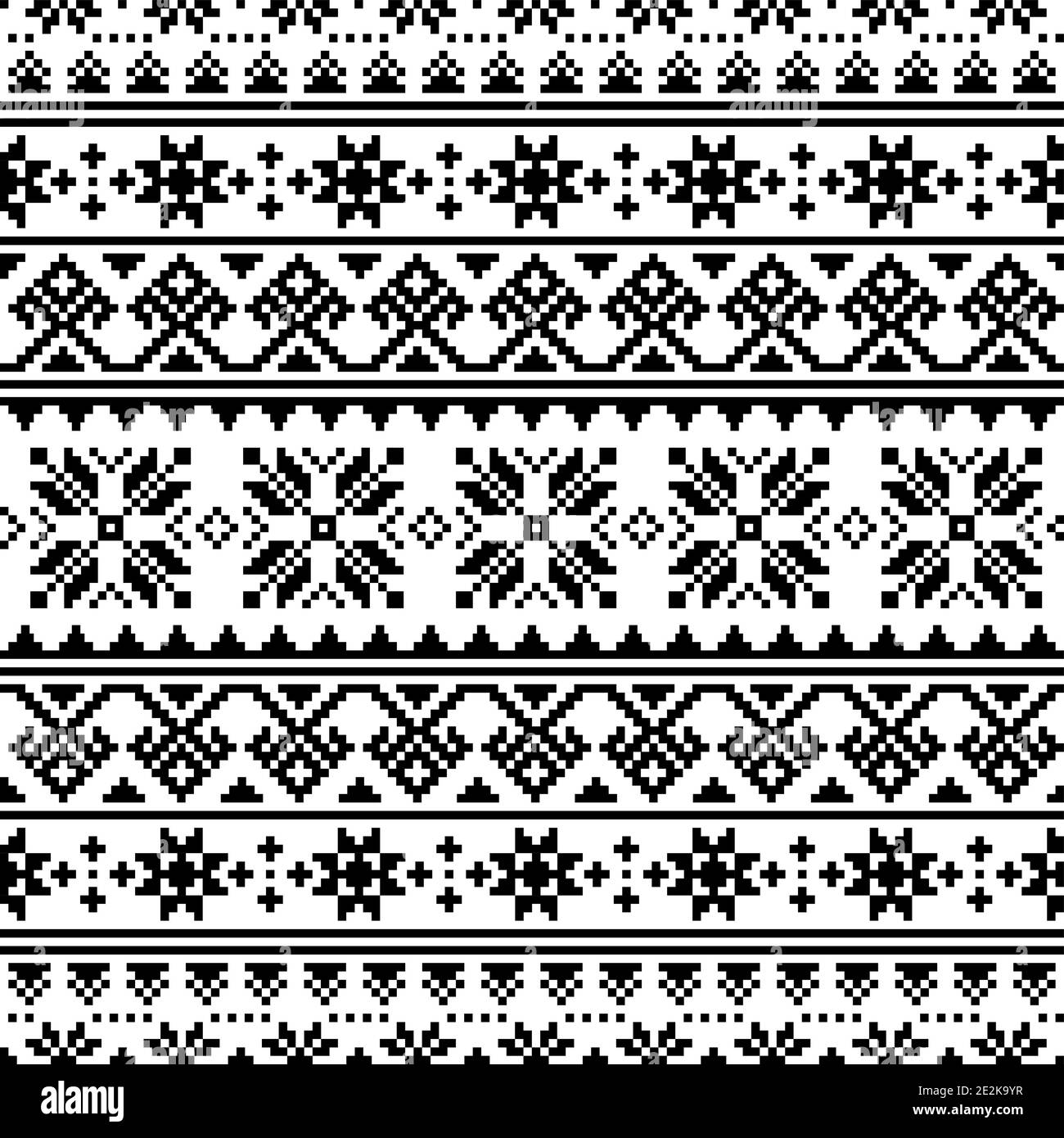 Ukrainian, Belarusian embroidery vector seamless pattern, cross-stitch black and white ornament inpired by folk art - Vyshyvanka Stock Vector