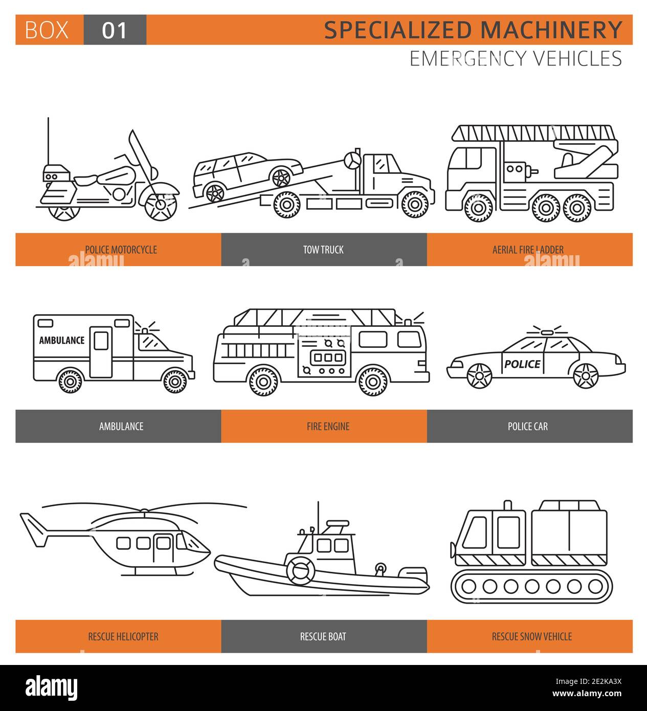 Specialized machines, emergency vehicles linear vector icon set isolated on white. Illustration Stock Vector