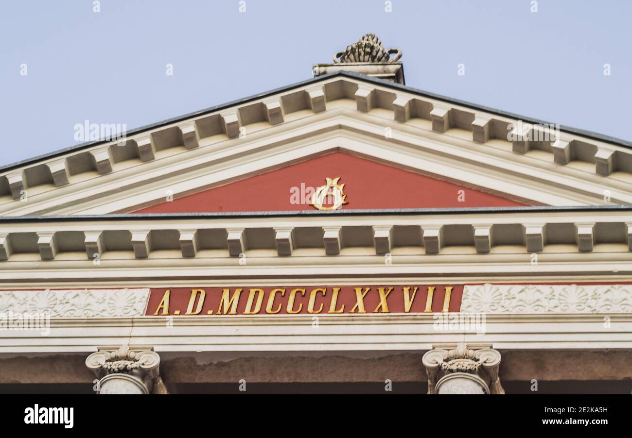Closeup shot of a facade of a colorful building under a blue sky Stock ...