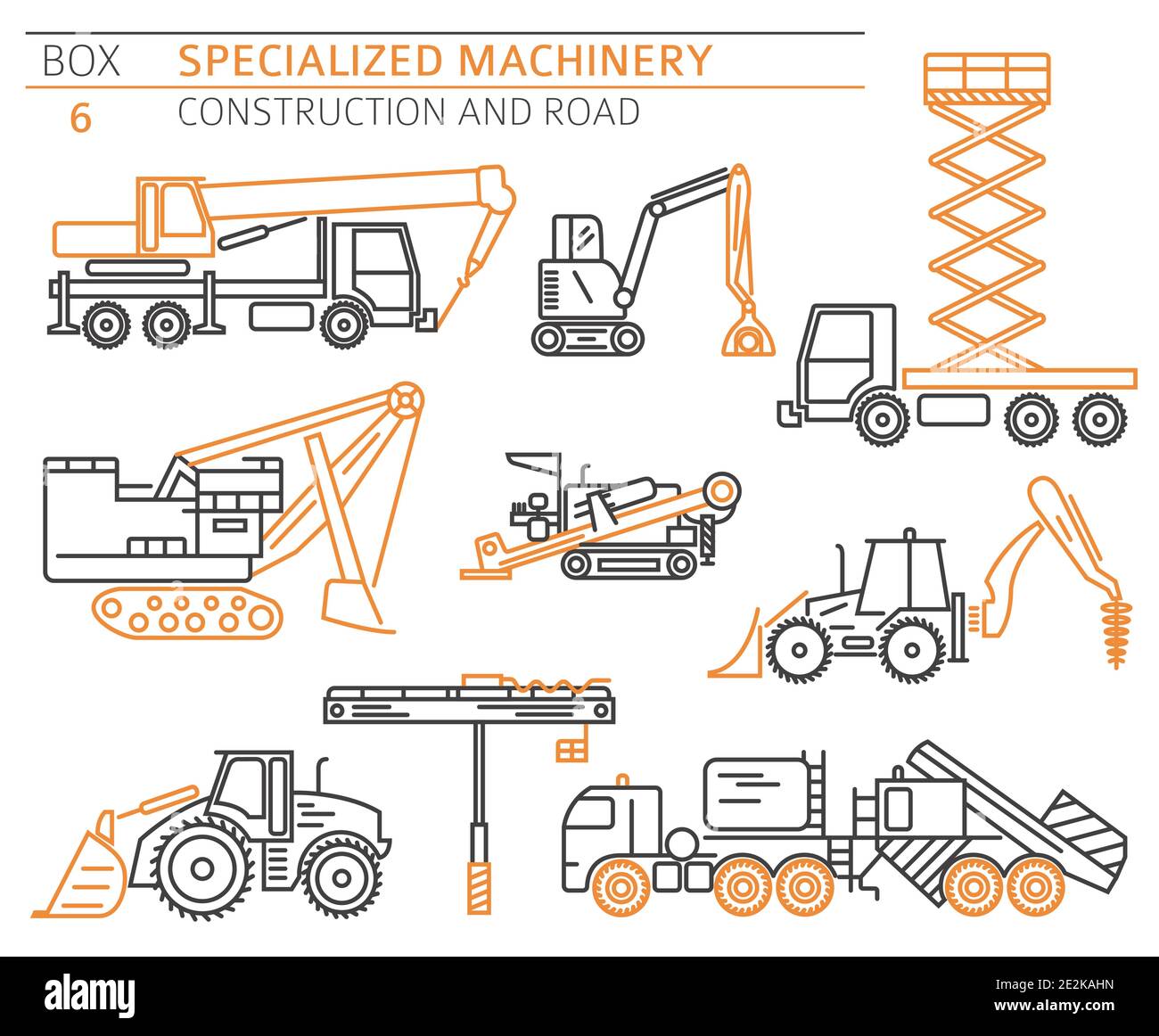 Special industrial construction and road machine linear vector icon set ...
