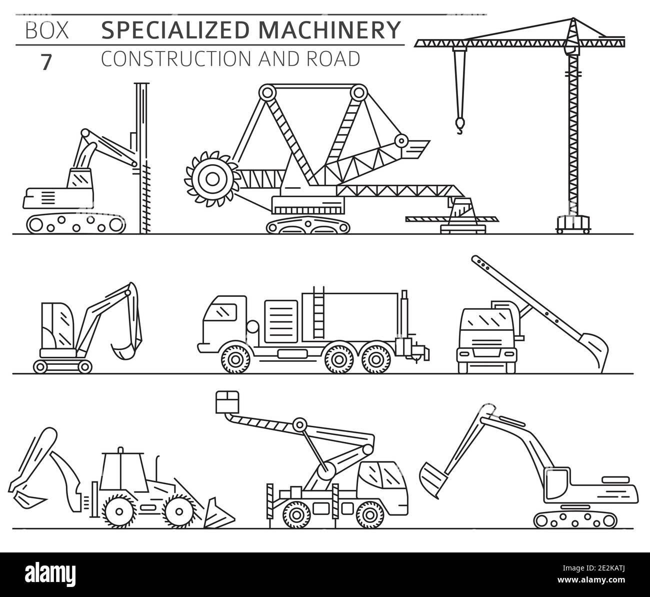 Special industrial construction and road machine linear vector icon set ...