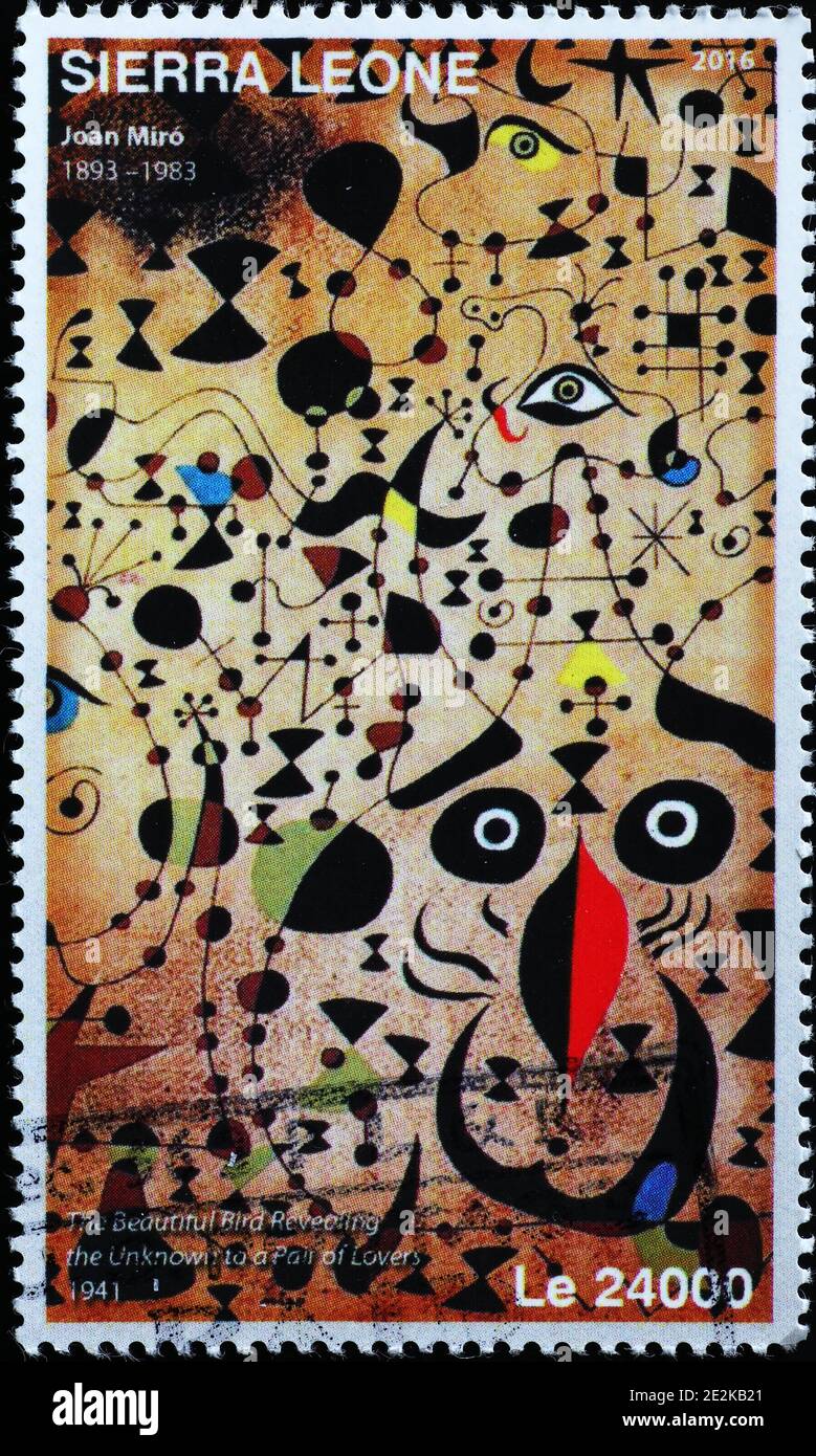 Painting by Joan Mirò on african stamp Stock Photo