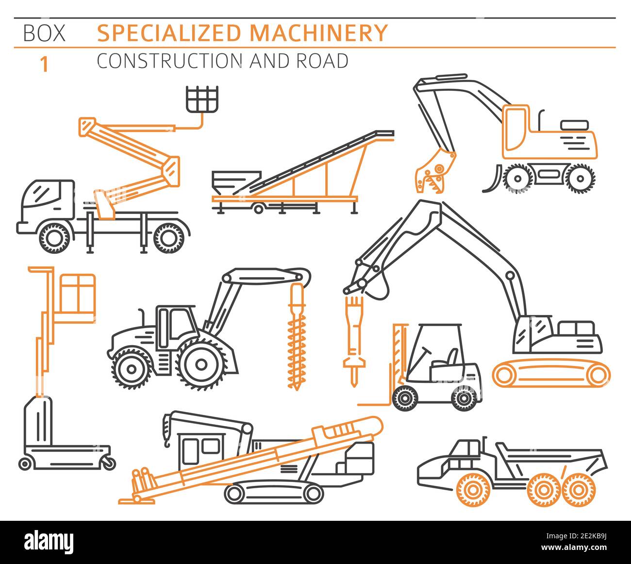 Special industrial construction and road machine linear vector icon set ...