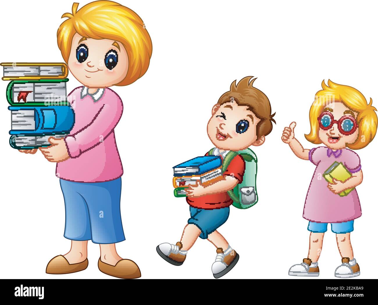 Cartoon female with school boy carrying with a stack of books Stock