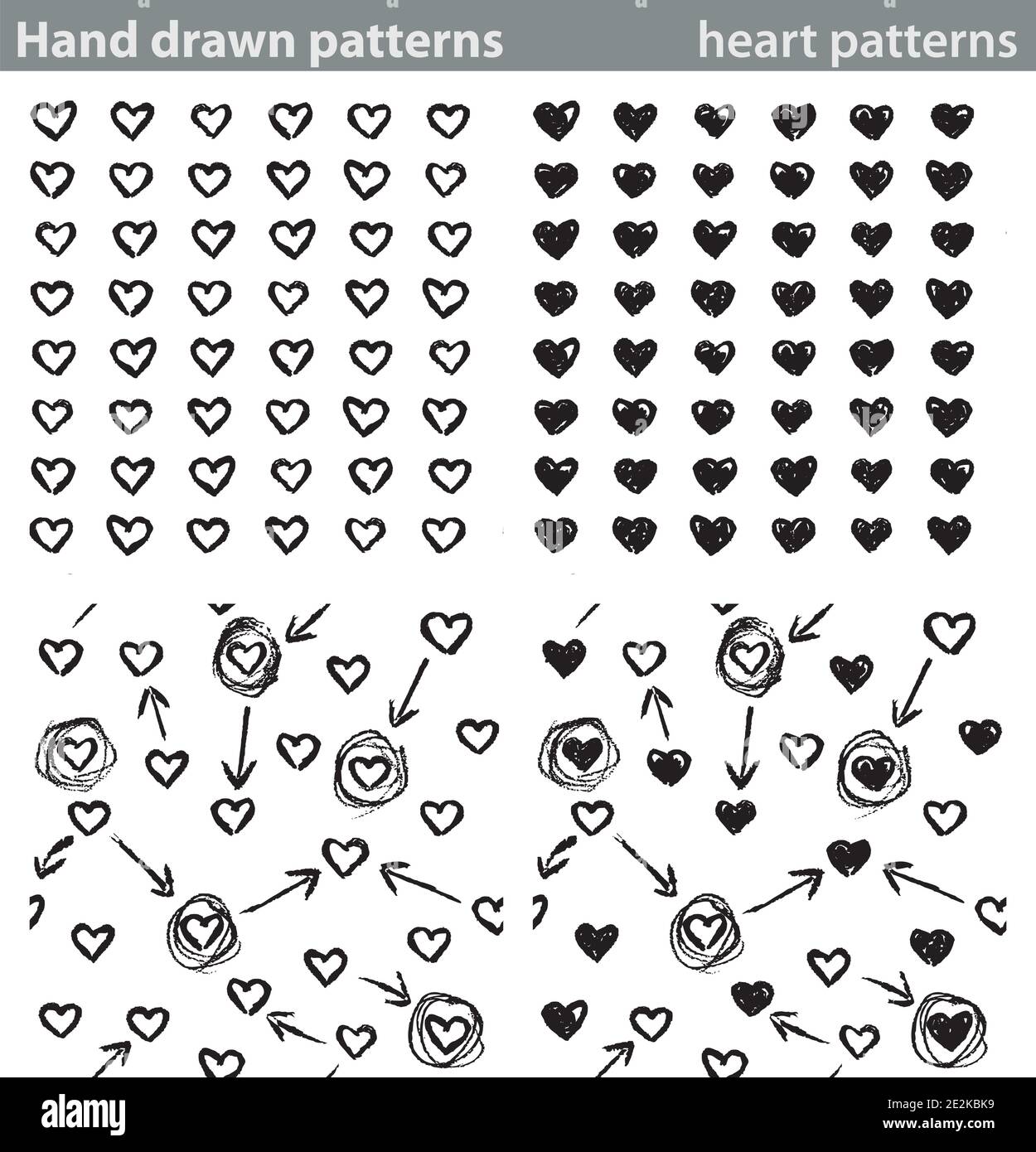 Four different seamless patterns made with hand drawn hearts. Stock Vector