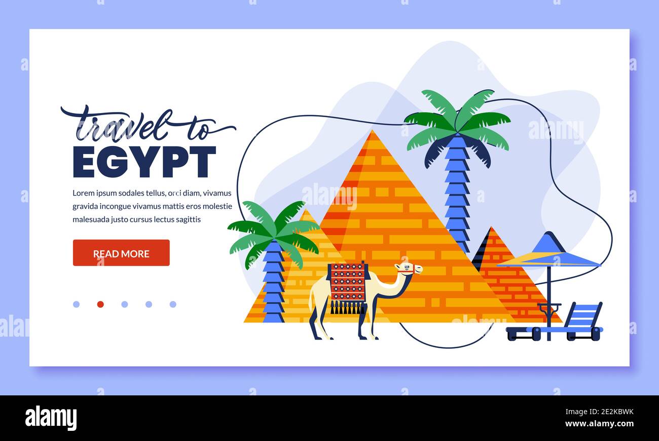 Travel to Egypt and Cairo, vector illustration. Flat cartoo icons of egyptian pyramid, camel and palms. Web landing page, banner or poster design. Tou Stock Vector
