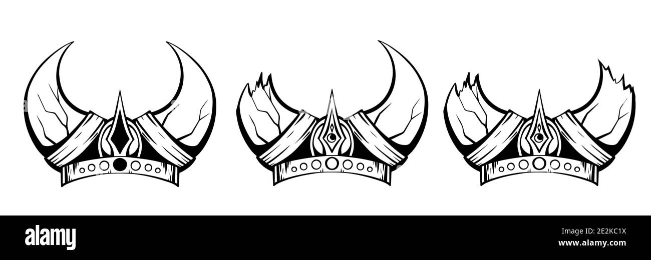 Set of sketches of viking helmets with horns. Armor of barbarians and warriors. Vector hand drawn black and white ink drawing. Tattoo and print on stu Stock Vector