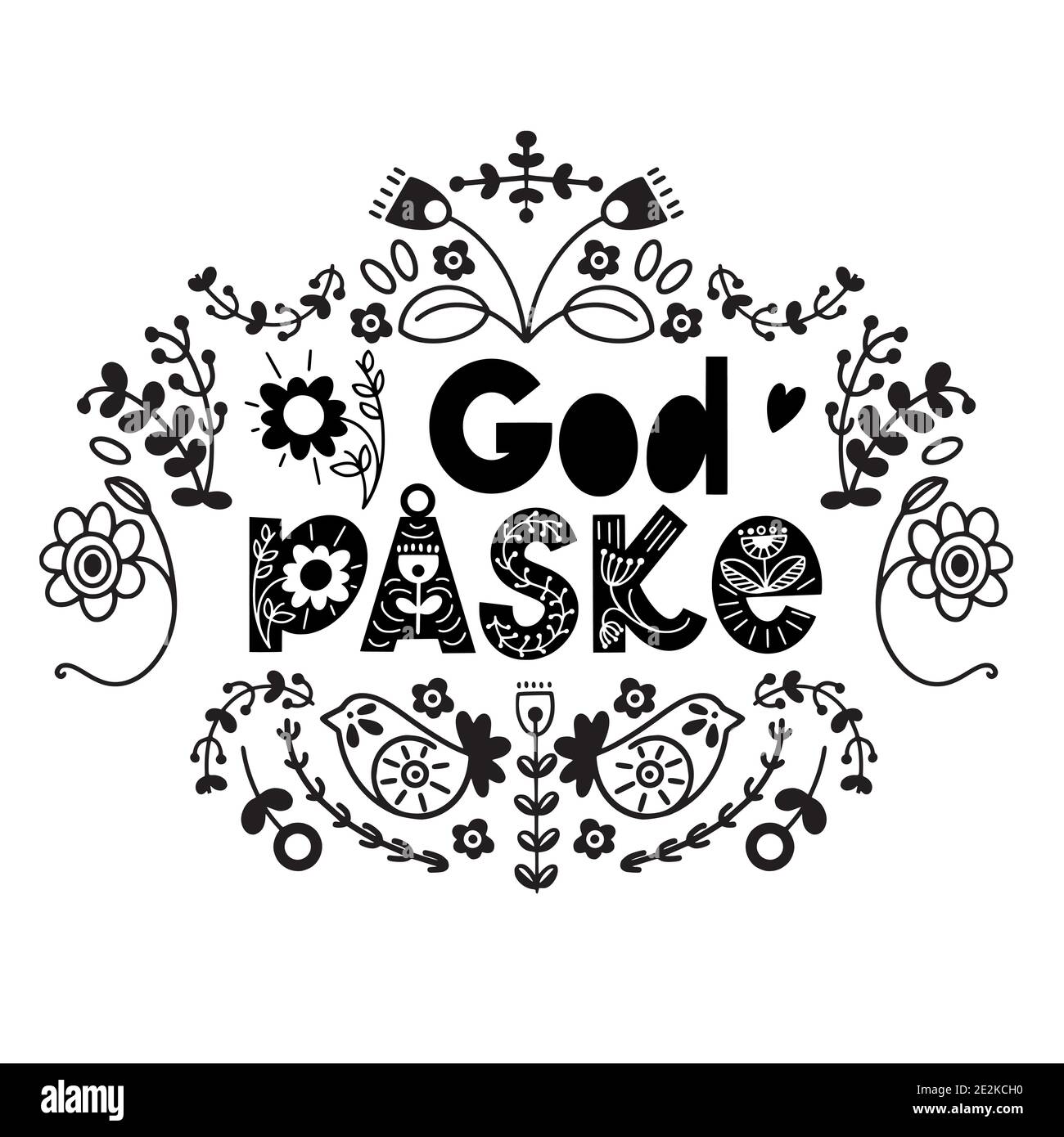 Happy Easter floral lettering in scandinavian style. Danish and Norwegian text God Paske. Seasons Greetings. Postcard, invitation, banner typography. Stock Vector