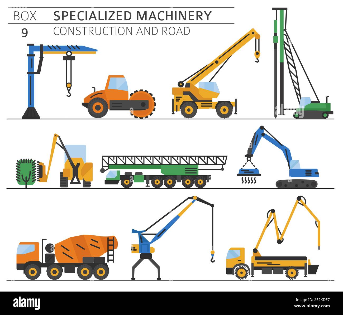 Special industrial construction and road machine coloured vector icon set isolated on white. Illustration Stock Vector