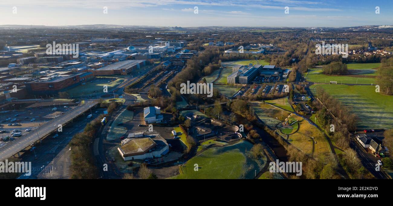 Aerial panoramic view of Livingston town centre, West Lothian, Scotland. Stock Photo