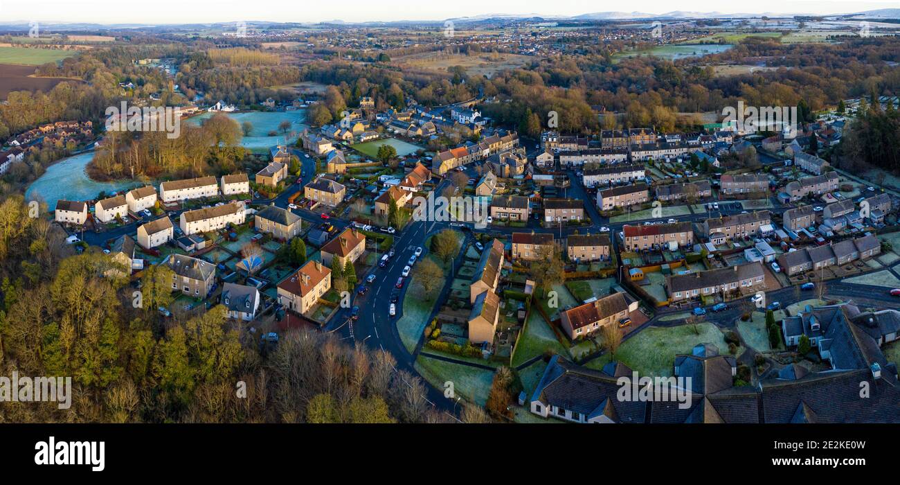 Aerial panoramic view of Mid Calder, West Lothian, Scotland. Stock Photo