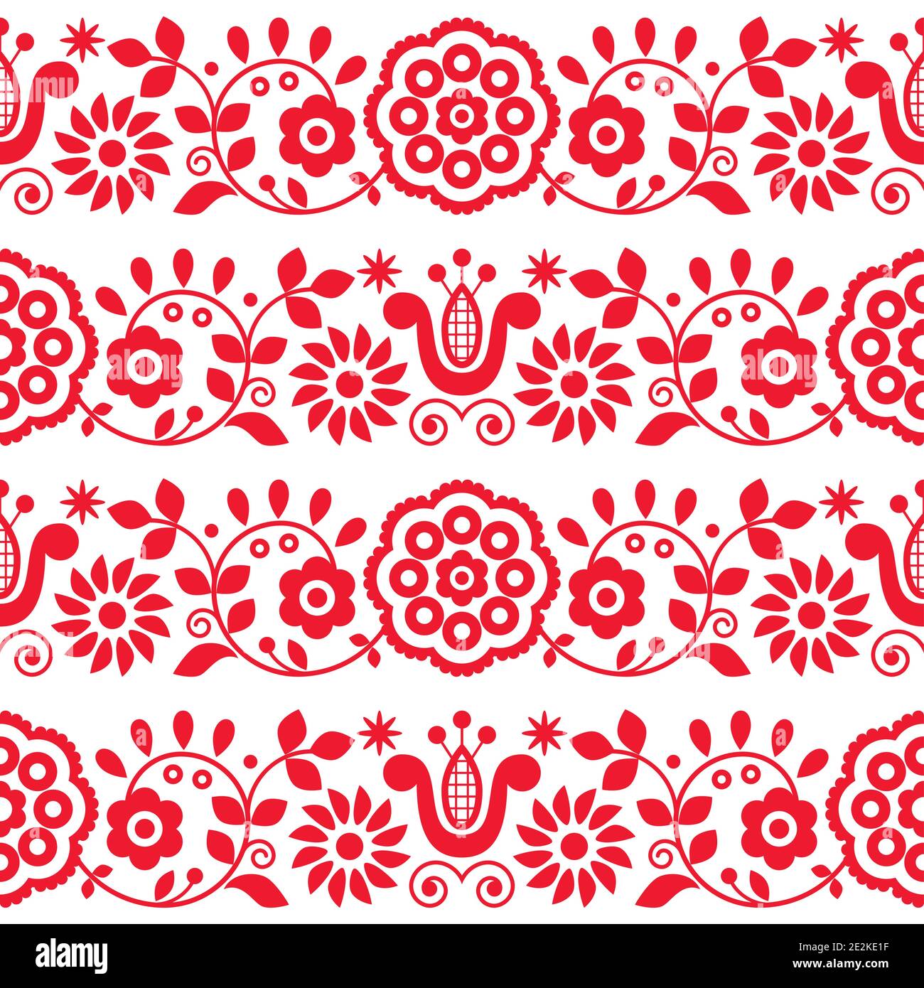 Polish folk art vector seamless embroidery pattern with flowers and hearts inspired by
