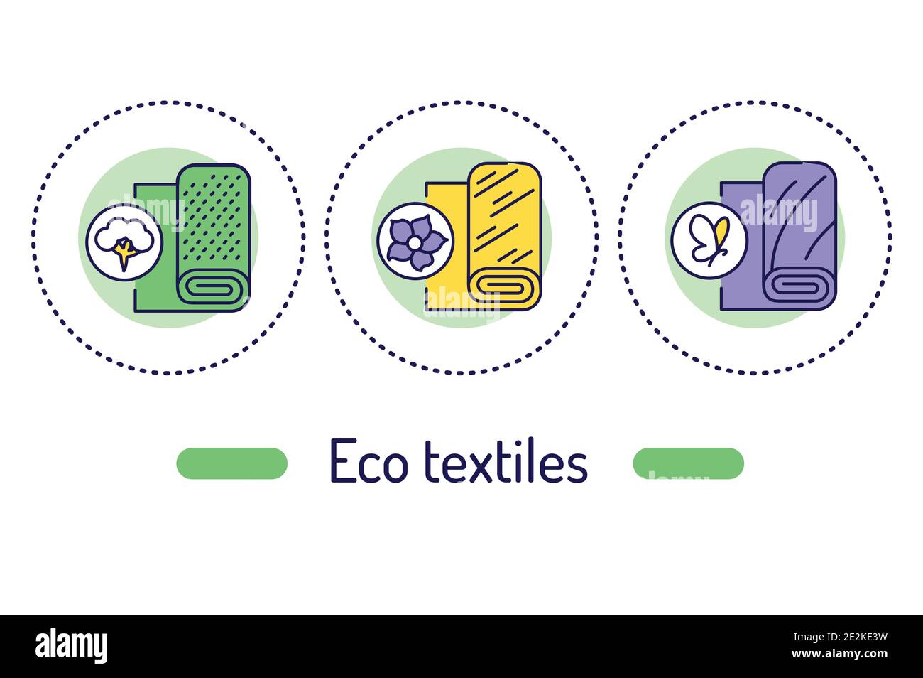 Eco textiles outline concept. Fabrics line color icons. Pictograms for