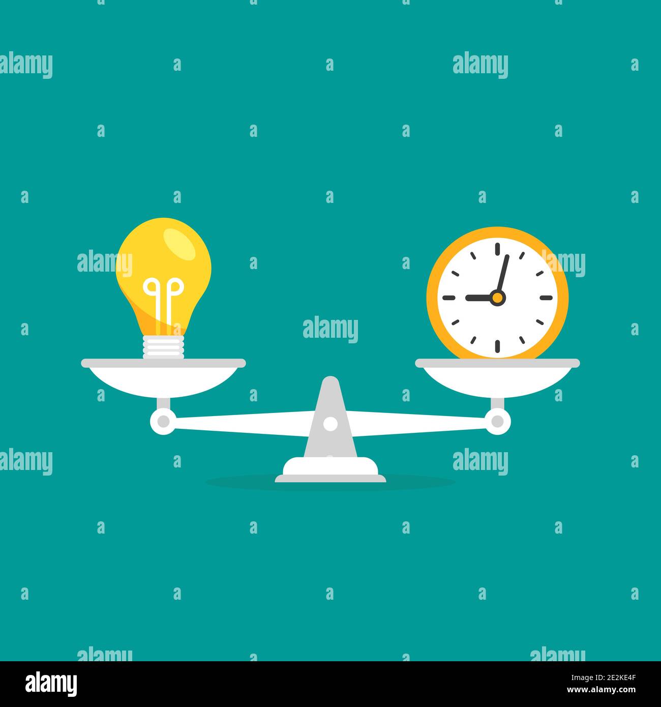 White mechanical scales with clock and light bulb in pans. Idea value
