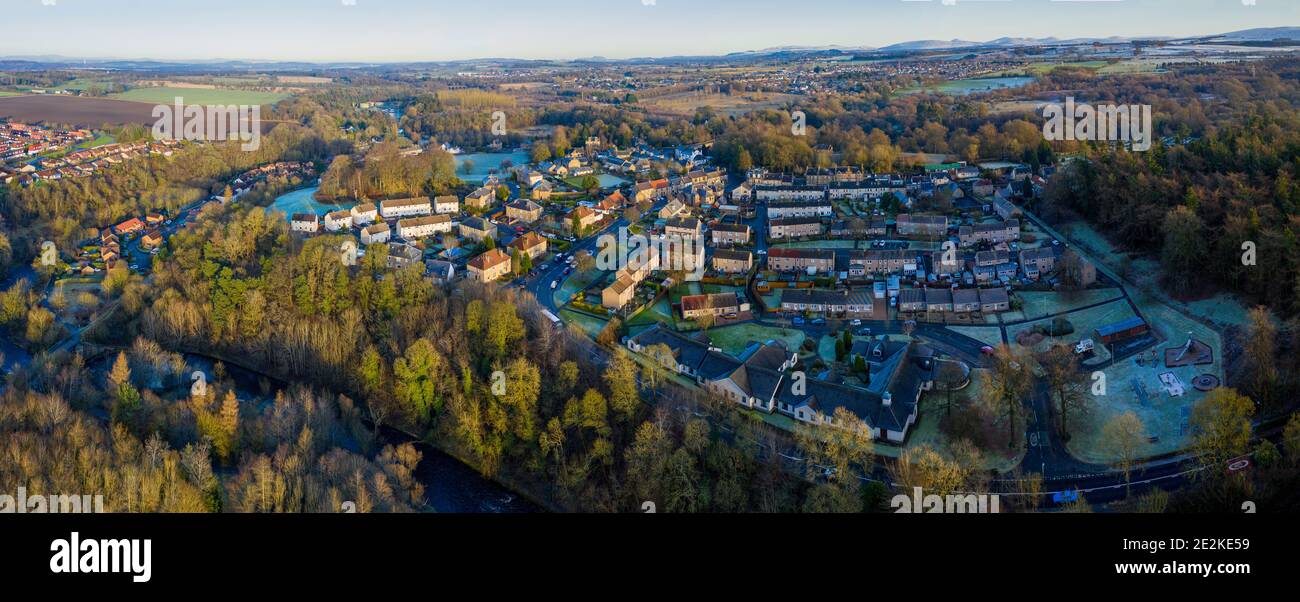 Aerial panoramic view of Mid Calder, West Lothian, Scotland. Stock Photo