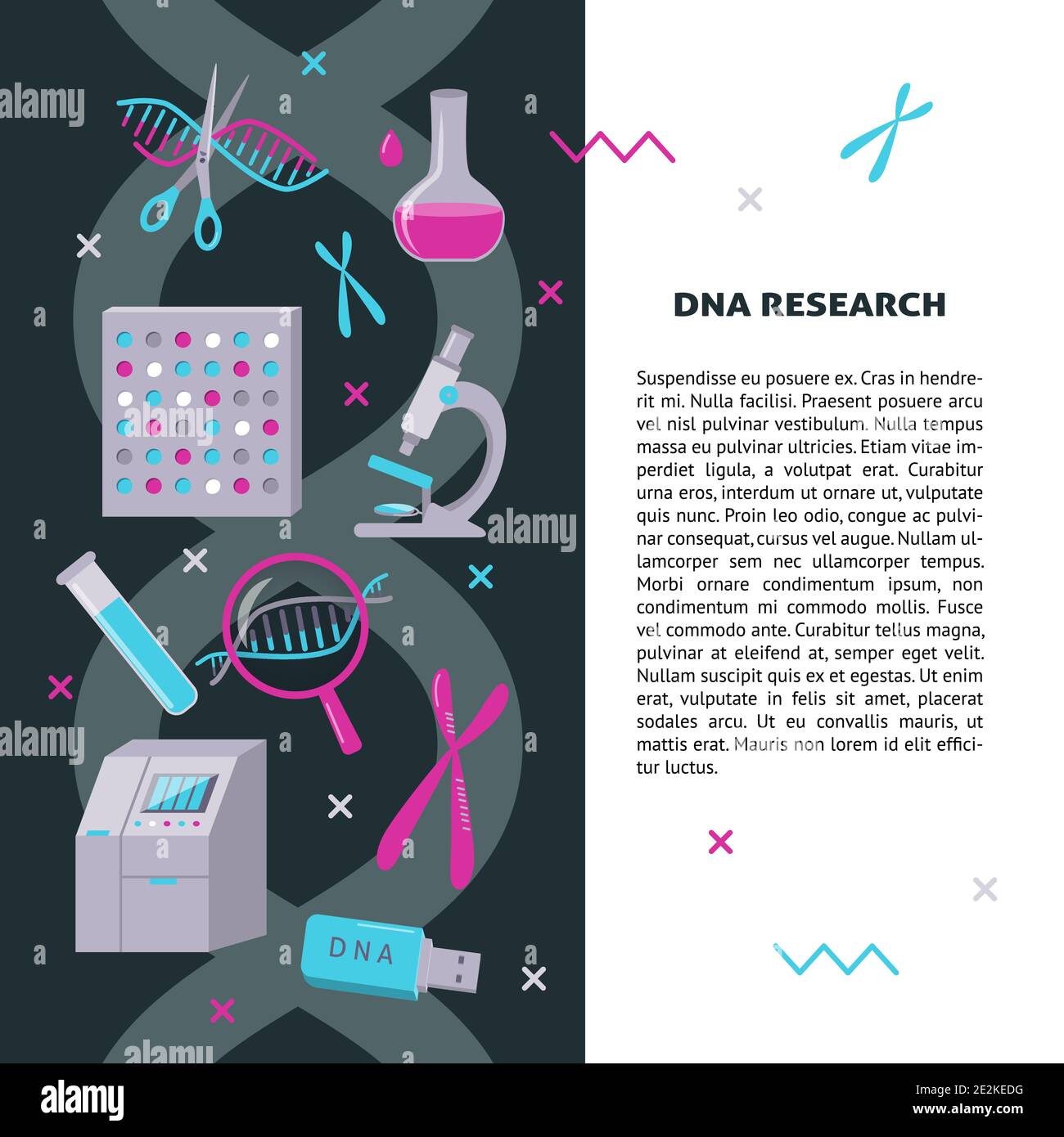 DNA genetic testing and research banner or flyer template in flat style.  Medical laboratory equipment symbols. Scientific poster illustration with  pla Stock Vector Image & Art - Alamy