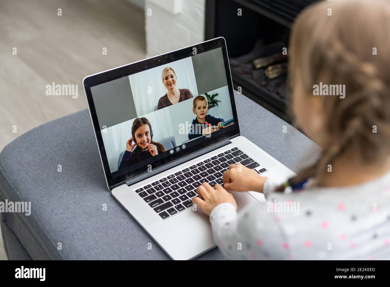 A Girl Video Conferencing With Happy Female Teacher On Laptop Stock ...
