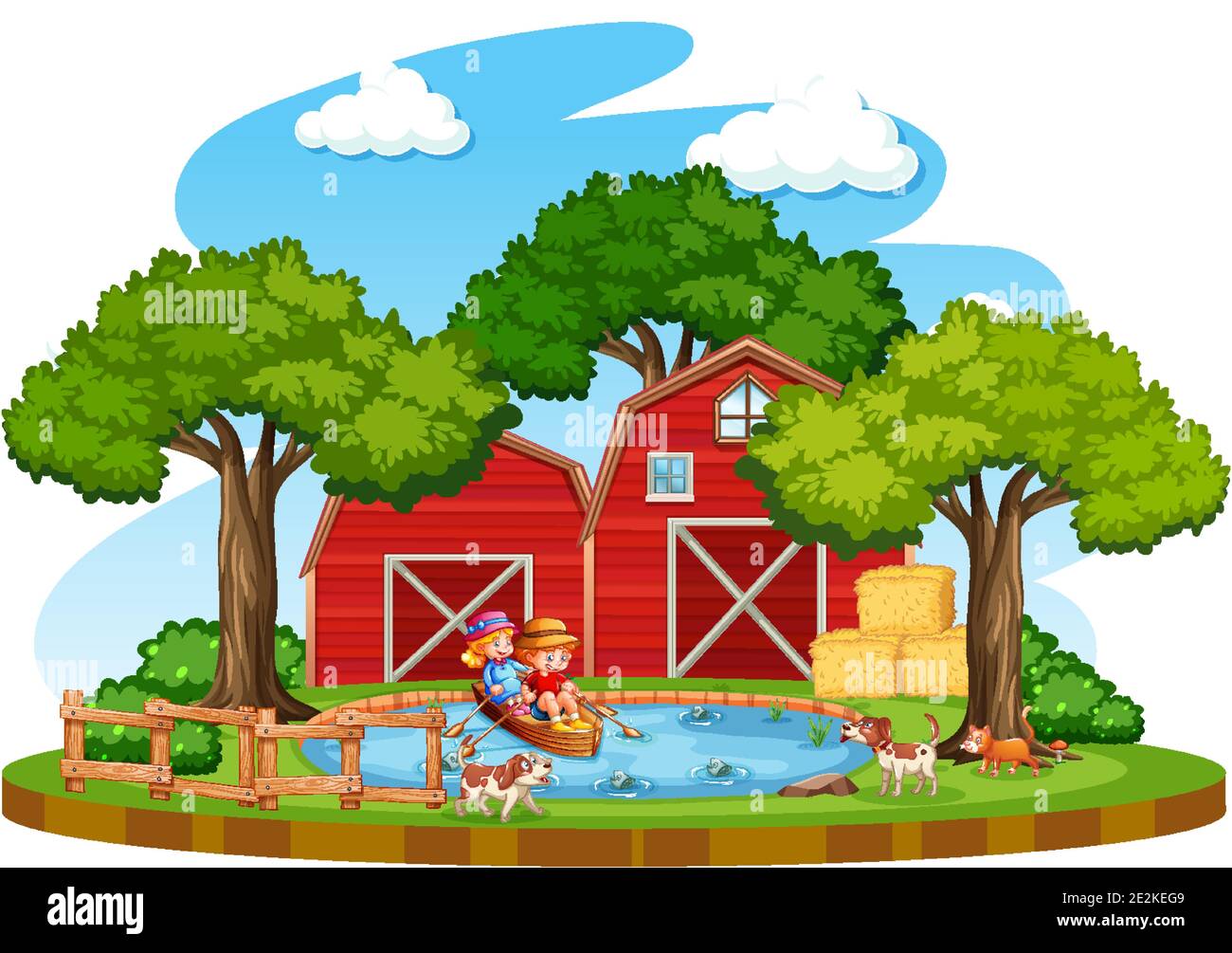 Farm with red barn and windmill on white background illustration Stock ...