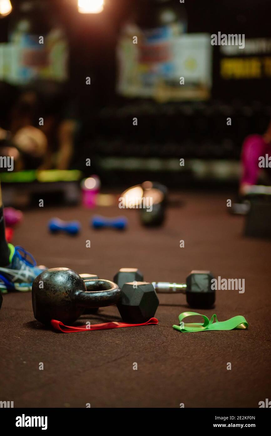 weights and fitness accessories in gym Stock Photo Alamy