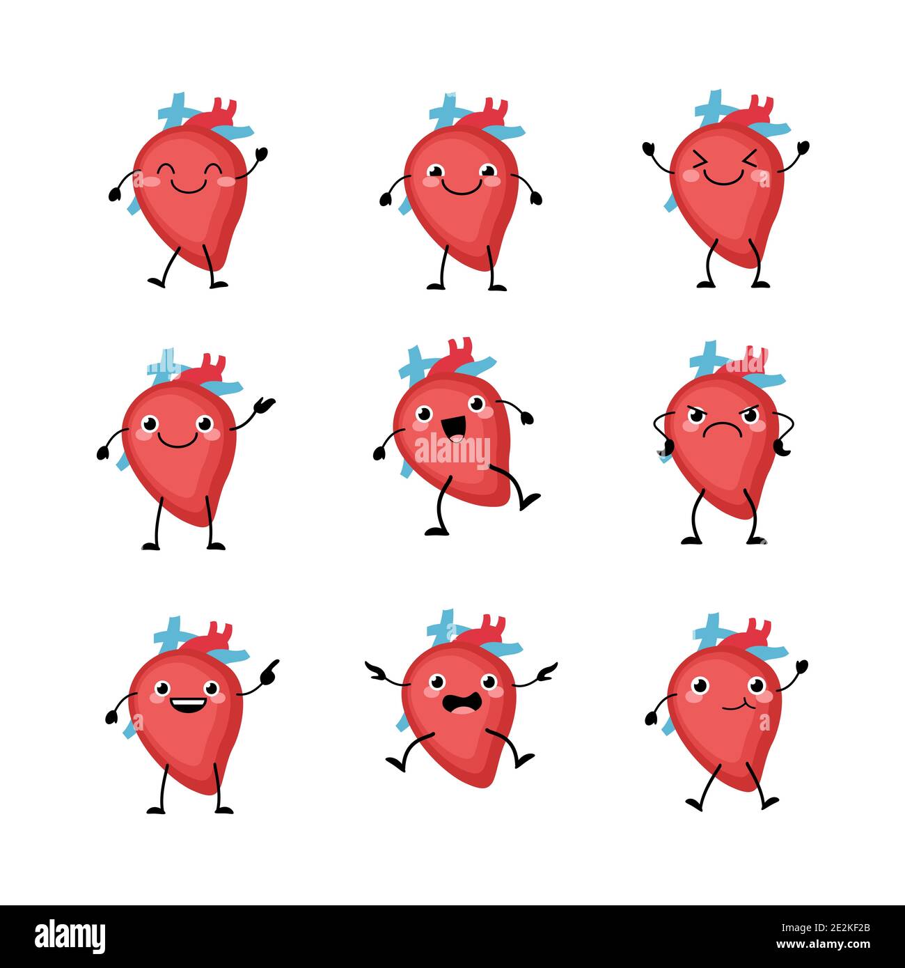 Cute heart organs character set in a flat cartoon style. Human organs person with the different emotions. Stock Vector