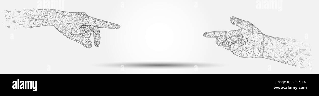 Two hands reaching for each other, vector banner template. Low poly art, polygonal wireframe mesh. Future technologies. Stock Vector