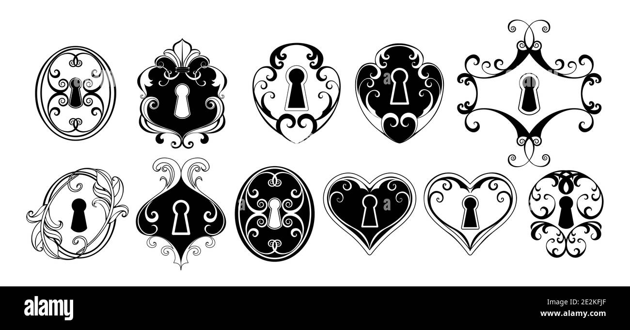 Set of antique, silhouette, patterned, contour, black, door keyholes on white background. Stock Vector