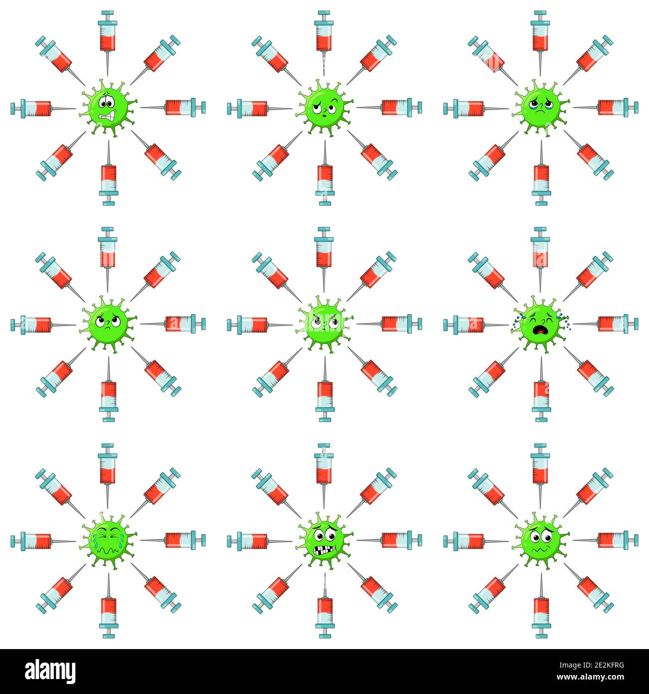 Covid 19 vaccine set with coronavirus character. Big collection of Vaccination symbol. Concept of virus being scared and afraid of injection. Vector i Stock Vector