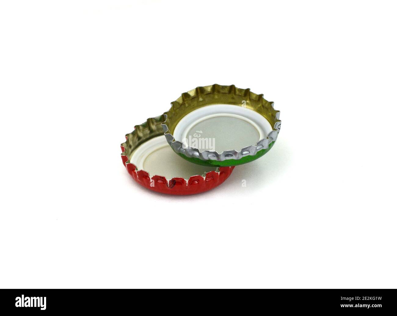 Colored Bottle Caps Set On White Background. Green, Red, White