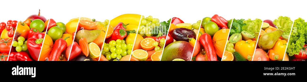 Large panoramic collection fruits, vegetables and berries separated by sloping lines isolated on white background. Stock Photo