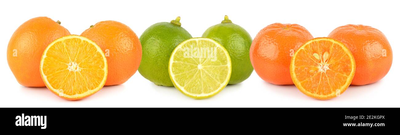 Fruits orange, mandarin, lime whole and half isolated on white background Stock Photo