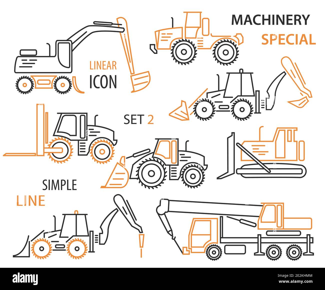 Construction equipment and special machinery linear vector icon set. Illustration Stock Vector