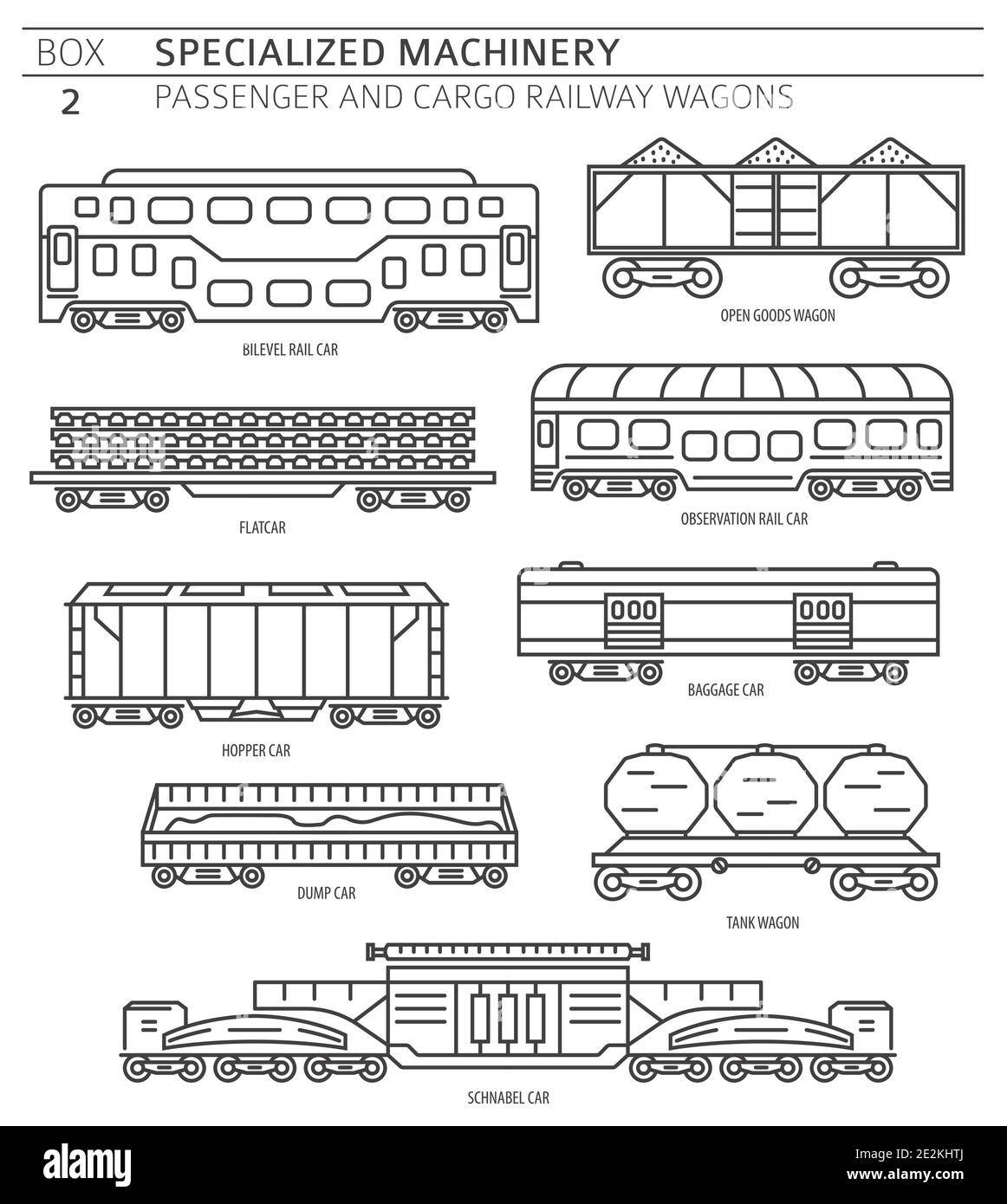 Special machinery collection. Passenger and cargo railway wagons linear vector icon set isolated on white. Illustration Stock Vector