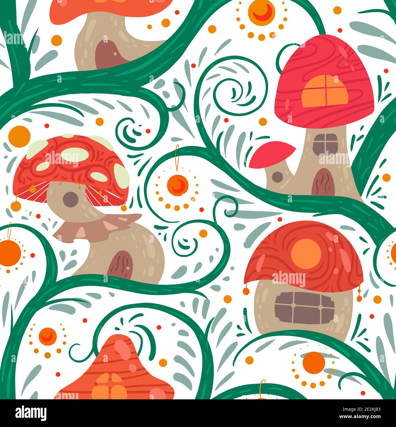 Seamless pattern with cartoon fairy tale porcini house on a liana with lanterns for fairies and gnomes on a white background. A fabulous home for litt Stock Vector