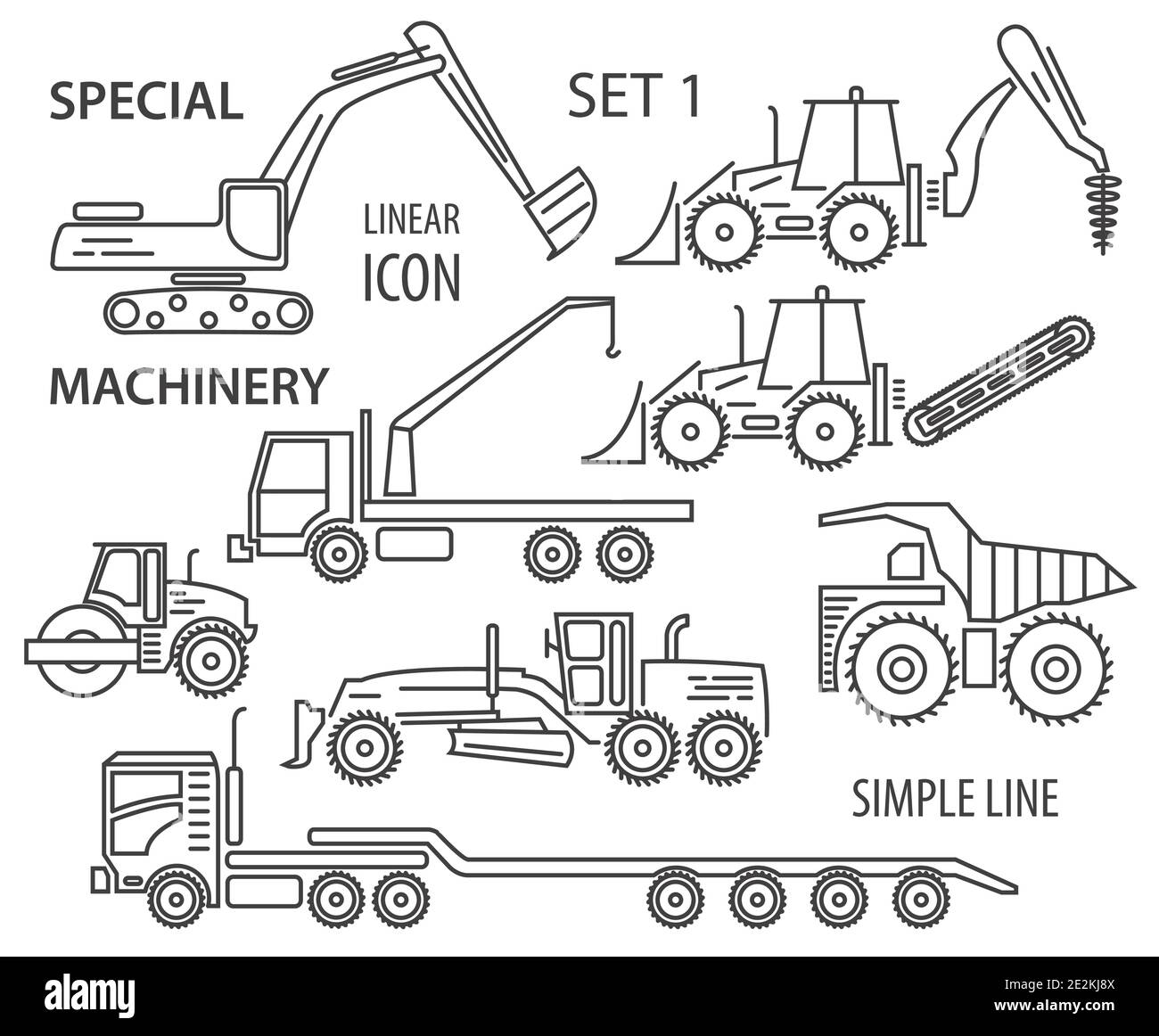 Construction equipment and special machinery linear vector icon set. Illustration Stock Vector