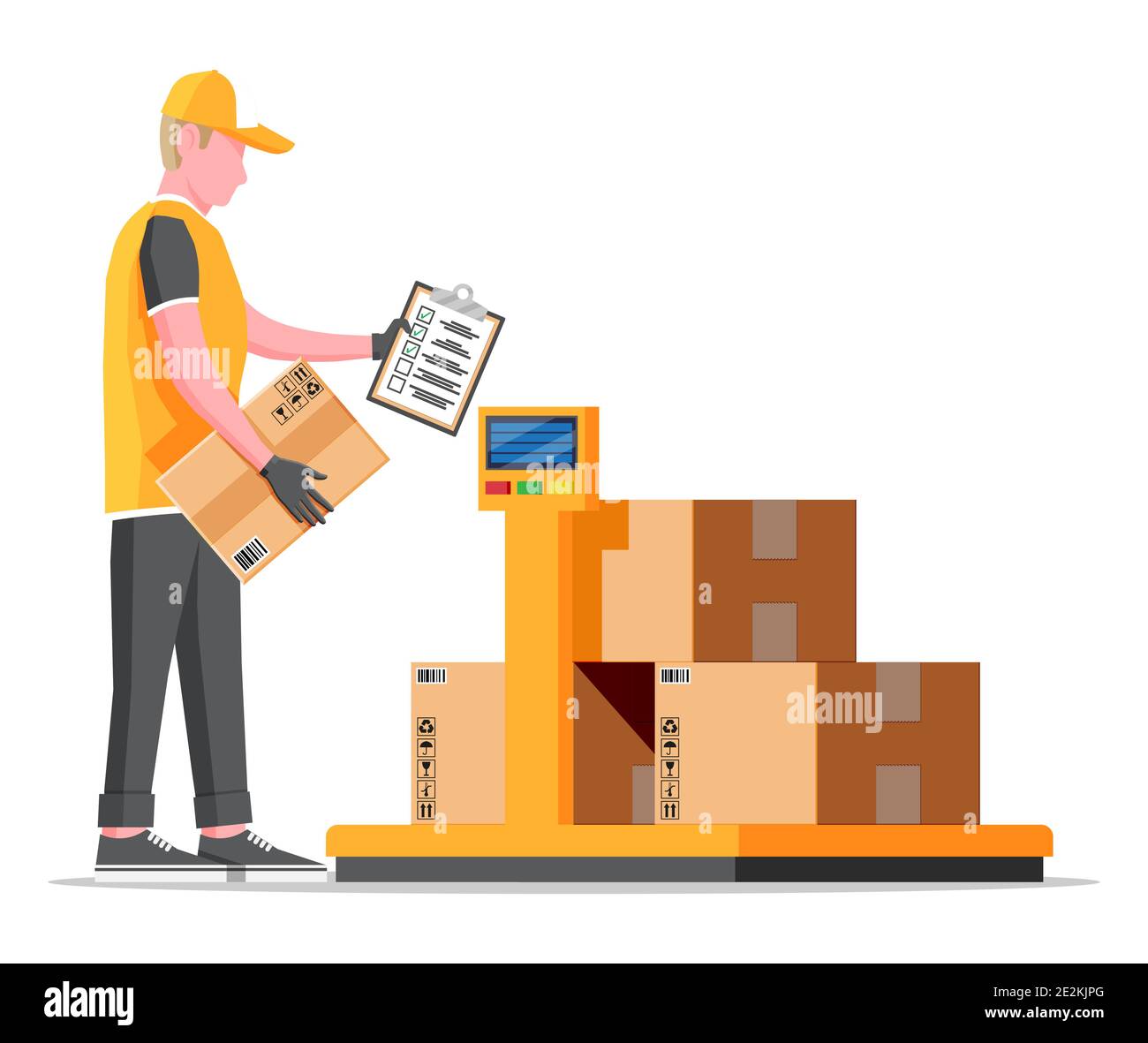 Warehouse worker is weighing the cargo. Industrial goods weight scales