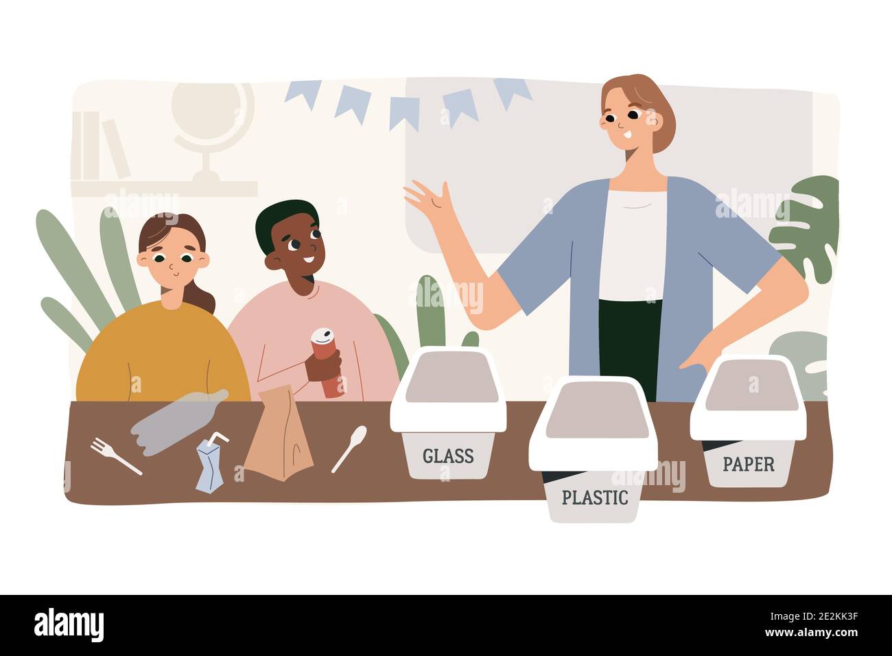 Waste sorting at school. Happy children sorting garbage with teacher in classroom, putting plastic, paper or metal litter in trash bins or containers Stock Vector