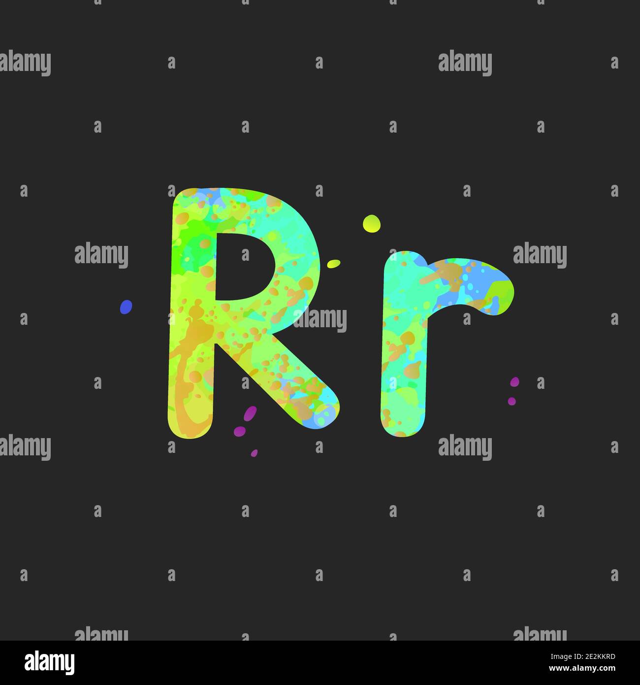 Letters R uppercase and lowercase with effect of liquid spots of paint in green, yellow, orange, blue colors, isolated on dark grey. Decoration element for design of a flyer, poster, title. Vector Stock Vector
