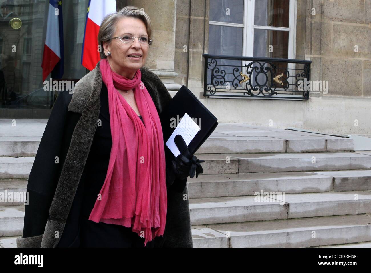 French Foreign Affairs Minister Michele Alliot-Marie leaves after weekly cabinet council at the Elysee Palace, in Paris, France, on February 02, 2011. Photo by Stephane Lemouton/ABACAPRESS.COM Stock Photo