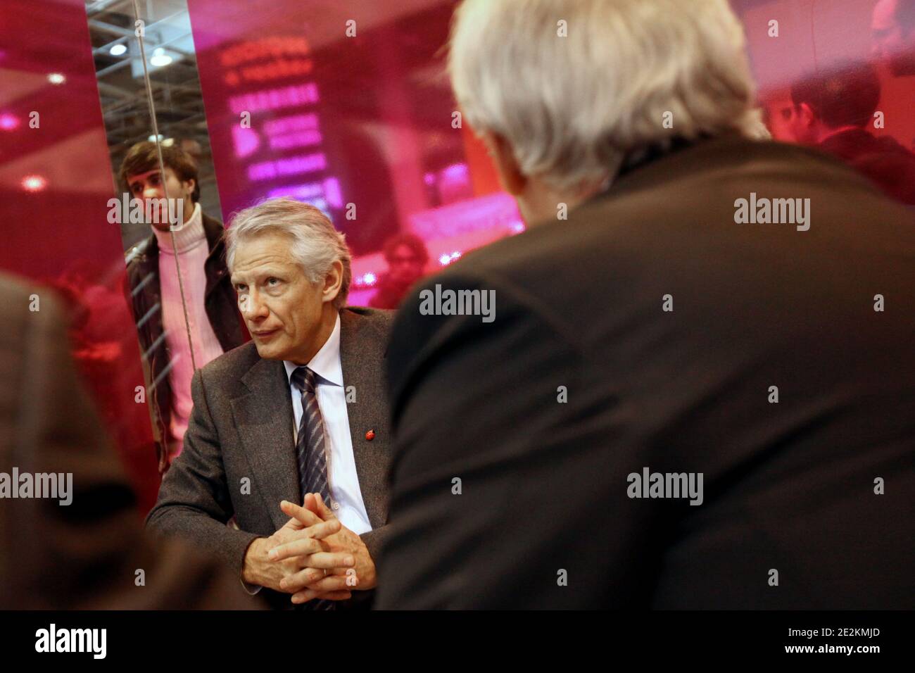 Exclusive-Former French Prime Minister and Foreign Affairs Minister, founder and Chairman of Republique Solidaire RS (United Republic) political movement, Dominique de Villepin participates to a meeting with president of Porcine national federation (FNP), Jean-Michel Serres during his visit at the International Agricultural Fair held at the Porte de Versailles, in Paris, France, on February 23, 2011. Photo by Stephane Lemouton/ABACAPRESS.COM Stock Photo