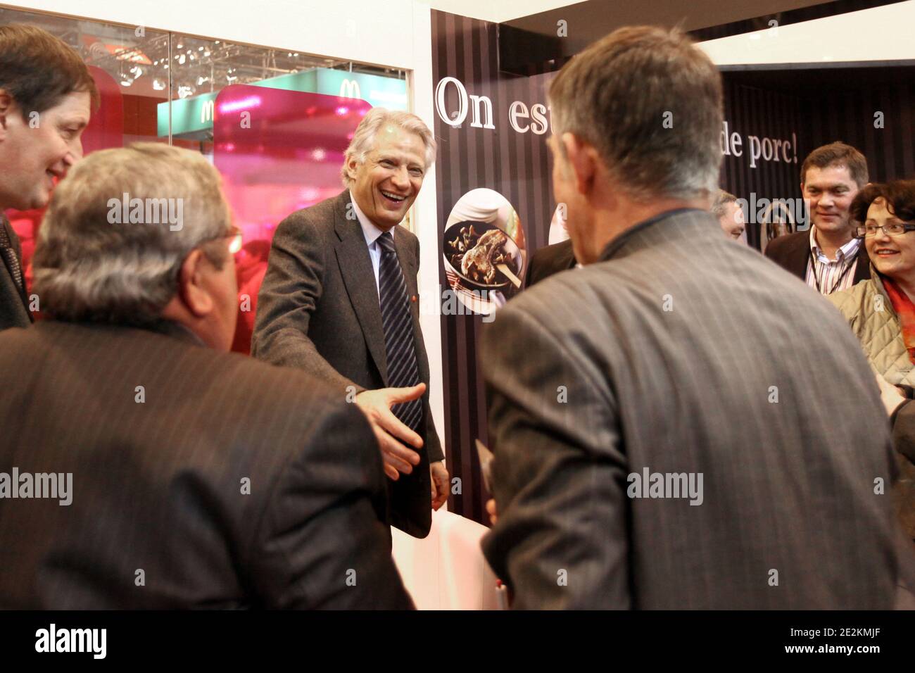 Exclusive-Former French Prime Minister and Foreign Affairs Minister, founder and Chairman of Republique Solidaire RS (United Republic) political movement, Dominique de Villepin participates to a meeting with president of Porcine national federation (FNP), Jean-Michel Serres during his visit at the International Agricultural Fair held at the Porte de Versailles, in Paris, France, on February 23, 2011. Photo by Stephane Lemouton/ABACAPRESS.COM Stock Photo