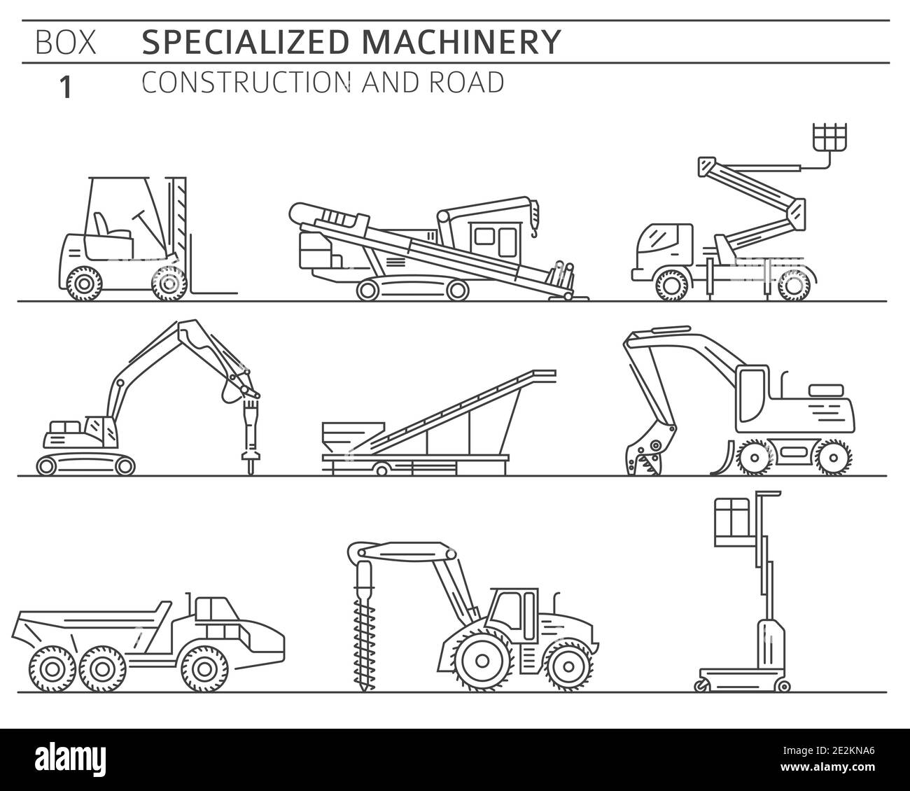 Special industrial construction and road machine linear vector icon set ...