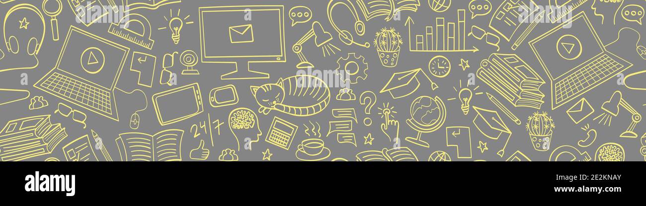 Online education seamless horizontal border. Distance learning yellow ...