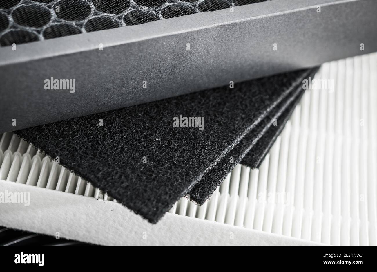 Set of Air Quality Filters. Charcoal-Based Activated Carbon Filters and Classic HEPA . Replacement Air Filters. High-Efficiency Particulate Air Stock Photo