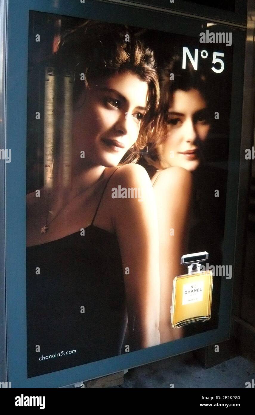 French actress Audrey Tautou is seen in an advertising campaign for the new Chanel fragrance Number 5 on a bus stop in New York City NY USA on January 6 2010. Photo