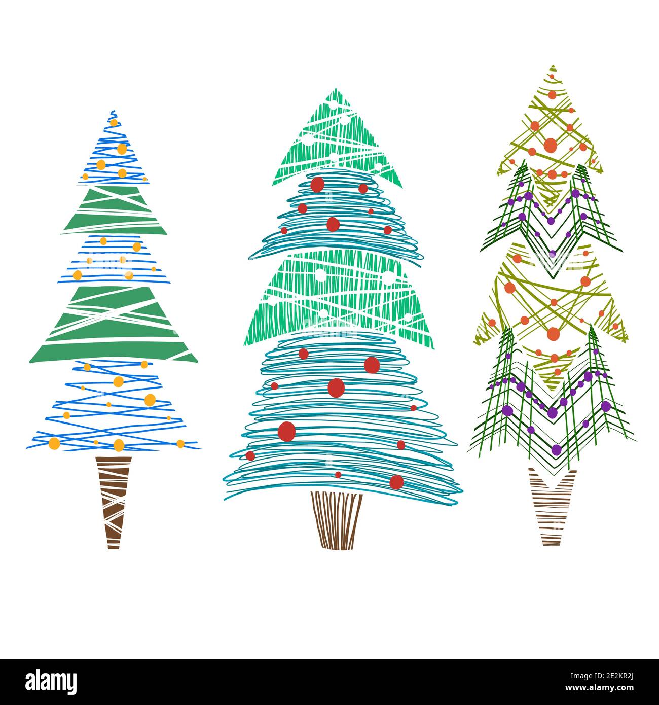 Set of coloring various lagom firs with hatching and scribble. Hand-drawn Christmas trees with toys. Vector ink element for cards, stamps, banners and Stock Vector