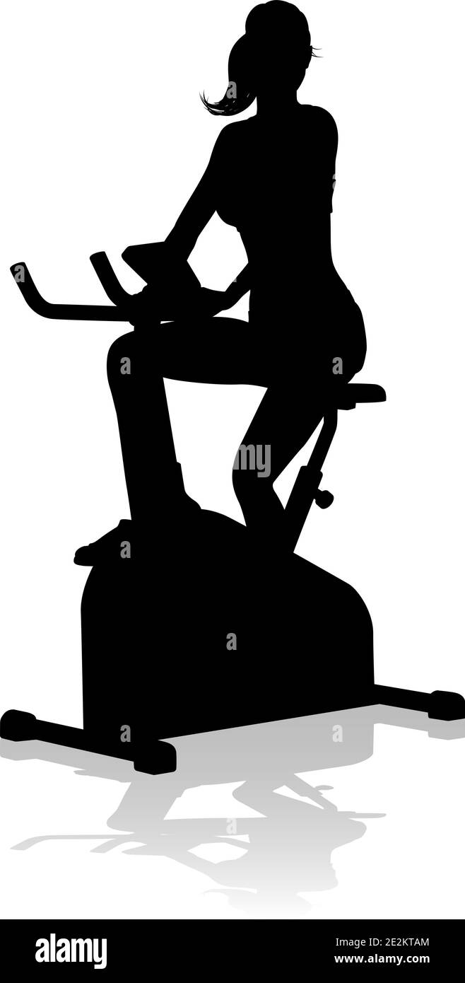 Gym Woman Silhouette Stationary Exercise Spin Bike Stock Vector