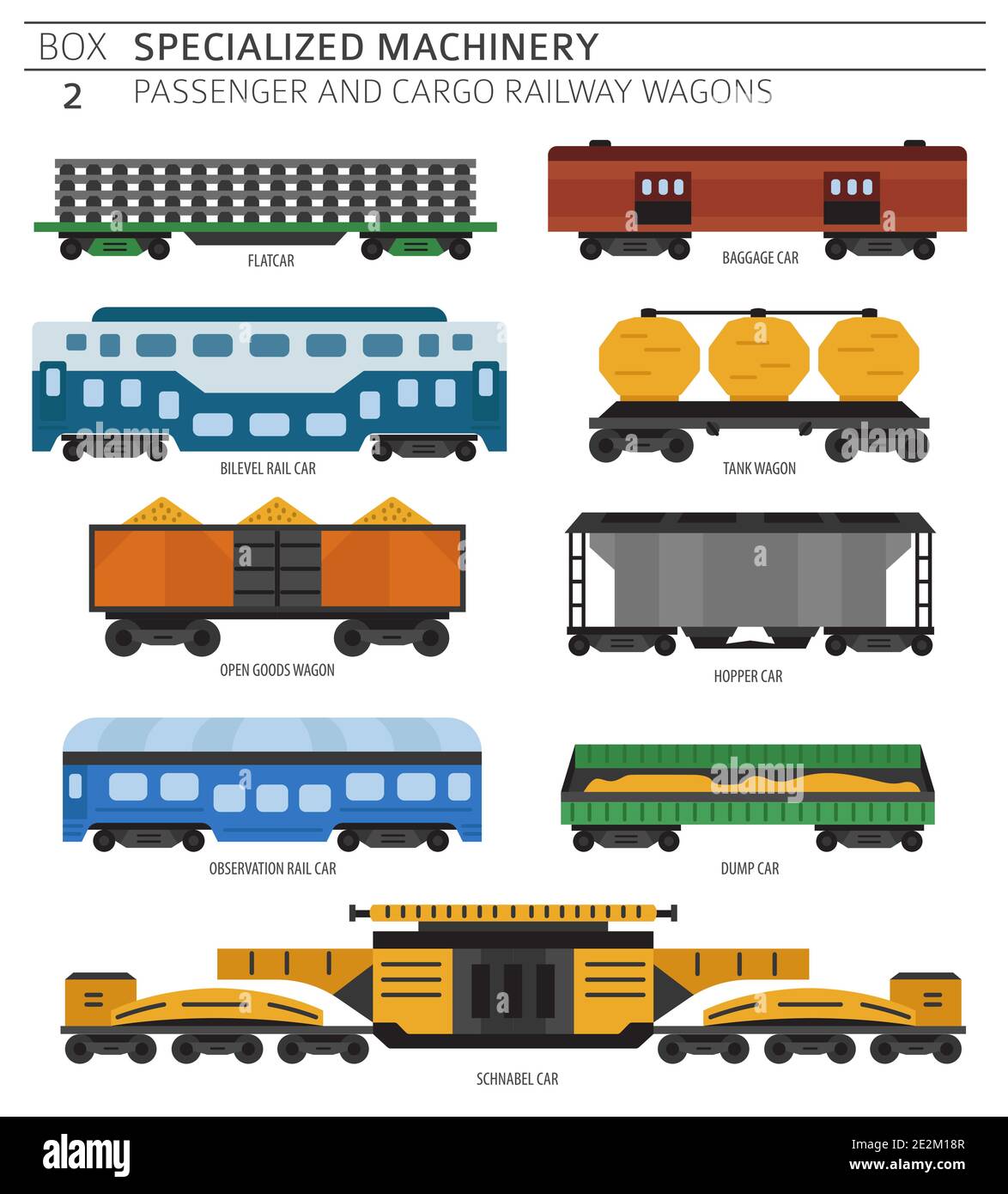 Special machinery collection. Passenger and cargo railway wagons vector icon set isolated on white. Illustration Stock Vector