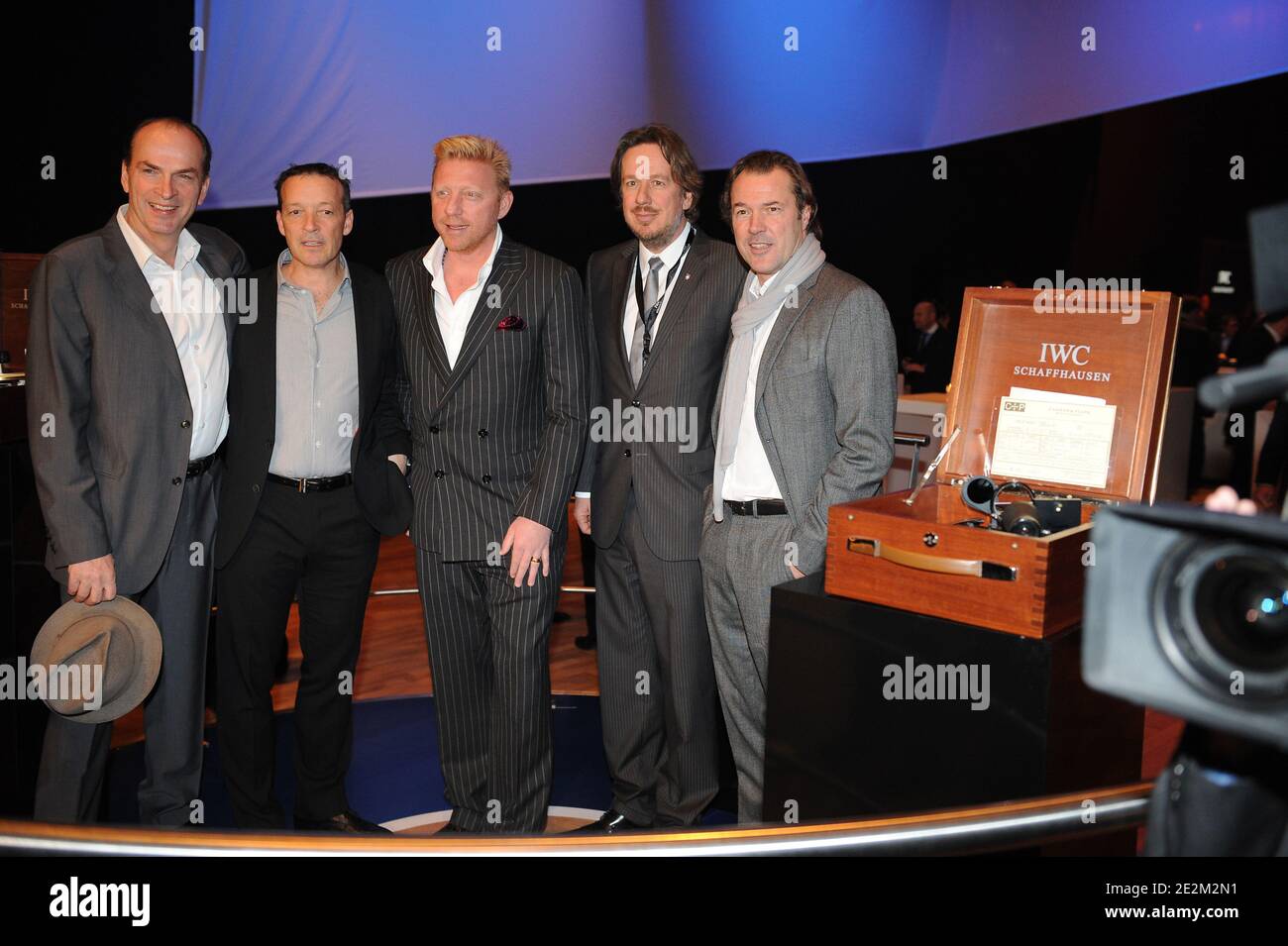 L-R) Herbert Knaup, Michael Roll, Boris Becker, Joerg Kachelmann and  Sebastian Koch at the IWC Schaffhausen private dinner reception during the  Salon International de la Haute Horlogerie at the Espace Secheron in